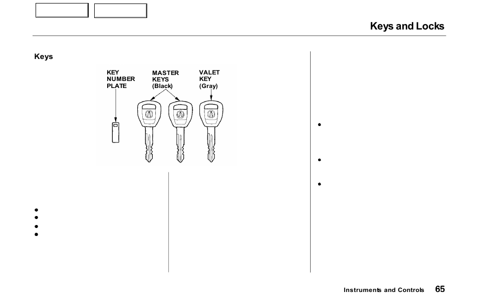 Keys and locks | Acura 2000 NSX - Owner's Manual User Manual | Page 68 / 304
