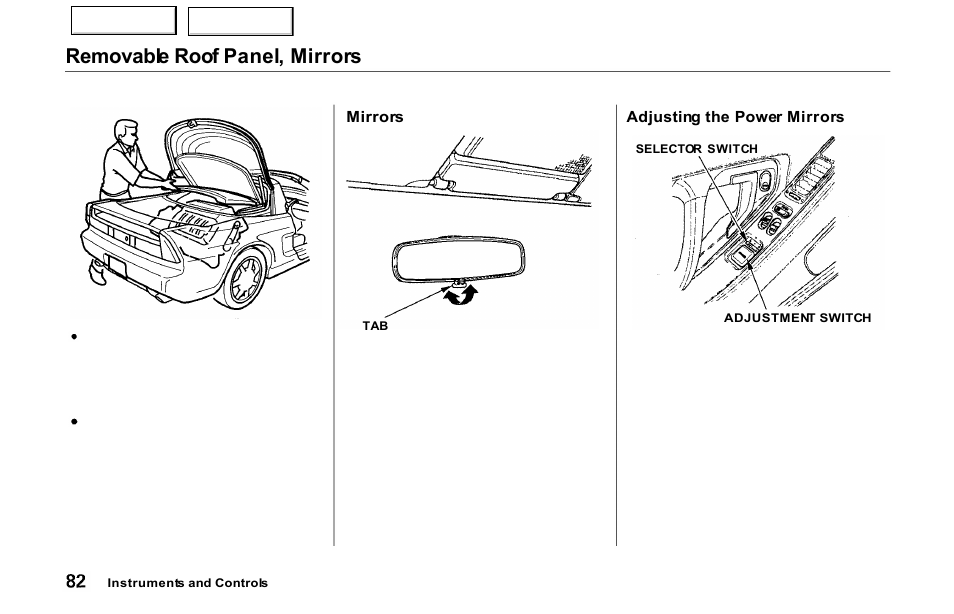 Mirrors, Removable roof panel, mirrors | Acura 2000 NSX - Owner's Manual User Manual | Page 85 / 304