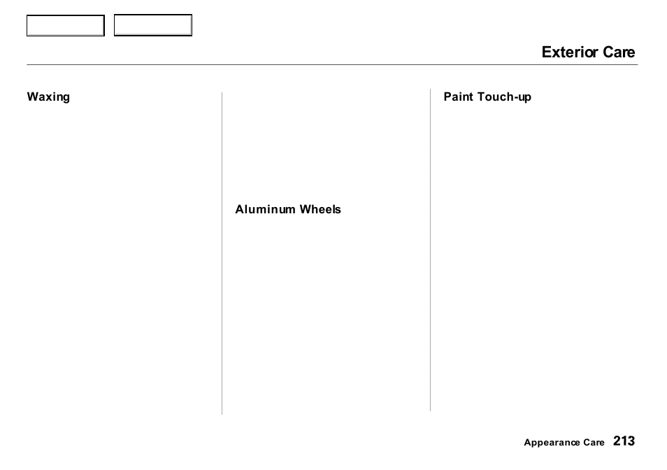 Exterior care | Acura 2000 Integra Sedan - Owner's Manual User Manual | Page 216 / 273