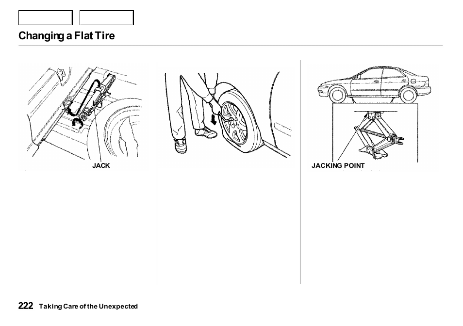 Changing a flat tire | Acura 2000 Integra Sedan - Owner's Manual User Manual | Page 225 / 273