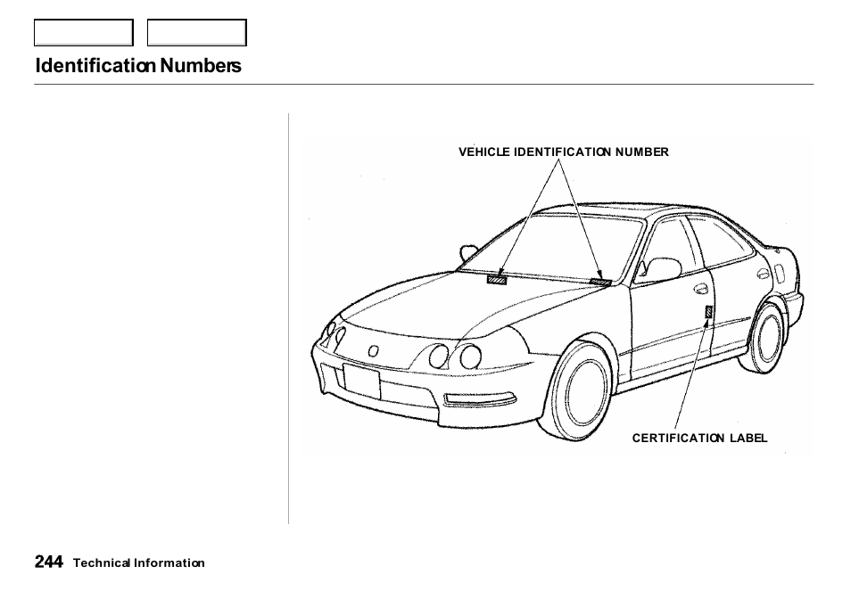 Identification numbers | Acura 2000 Integra Sedan - Owner's Manual User Manual | Page 247 / 273