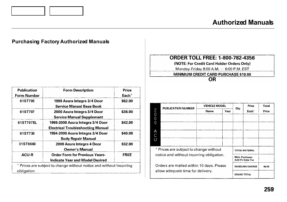 Authorized manuals | Acura 2000 Integra Sedan - Owner's Manual User Manual | Page 262 / 273