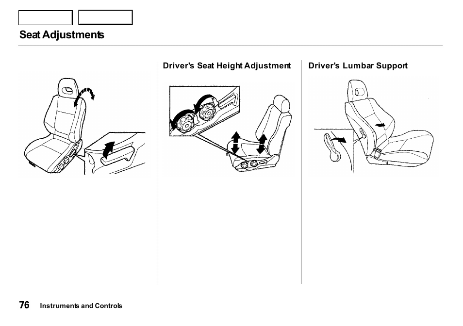 Seat adjustments | Acura 2000 Integra Sedan - Owner's Manual User Manual | Page 79 / 273