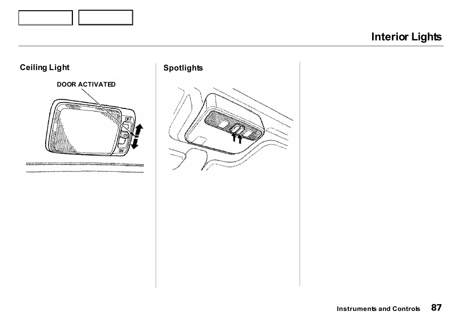 Interior lights | Acura 2000 Integra Sedan - Owner's Manual User Manual | Page 90 / 273
