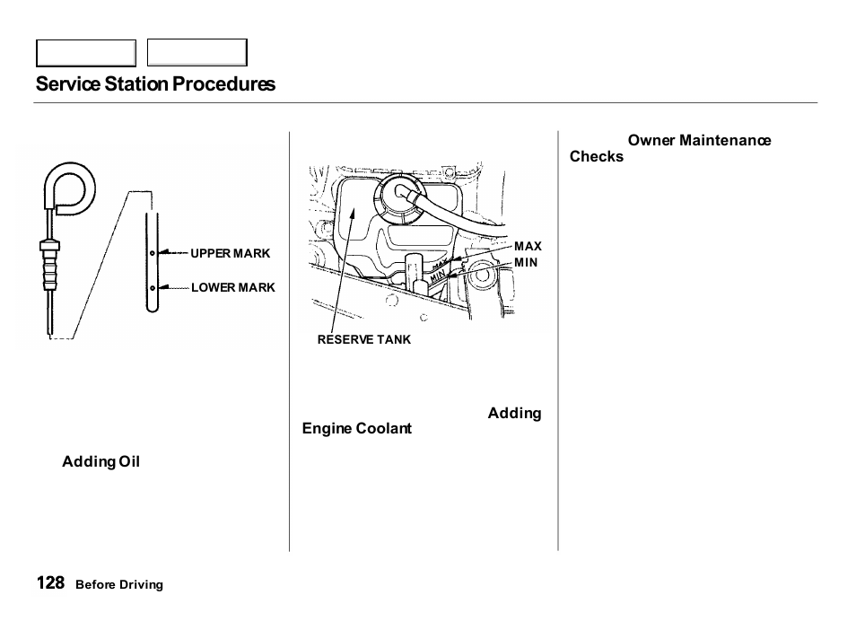 Service station procedures | Acura 2000 Integra Hatchback - Owner's Manual User Manual | Page 131 / 279