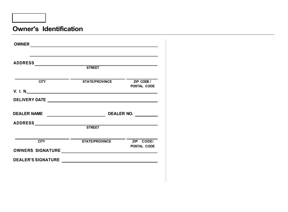 Owner's identification form, Owner's identification | Acura 2000 Integra Hatchback - Owner's Manual User Manual | Page 2 / 279