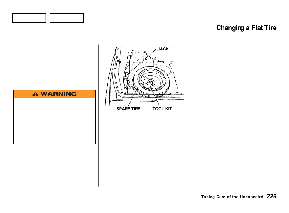 Changing a flat tire | Acura 2000 Integra Hatchback - Owner's Manual User Manual | Page 228 / 279