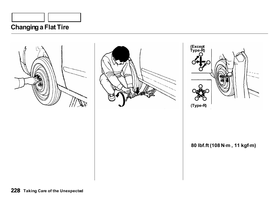 Changing a flat tire | Acura 2000 Integra Hatchback - Owner's Manual User Manual | Page 231 / 279