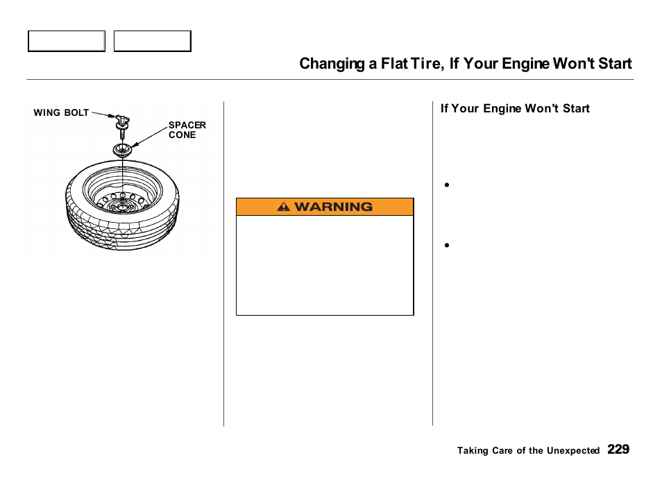 Changing a flat tire, if your engine won't start | Acura 2000 Integra Hatchback - Owner's Manual User Manual | Page 232 / 279