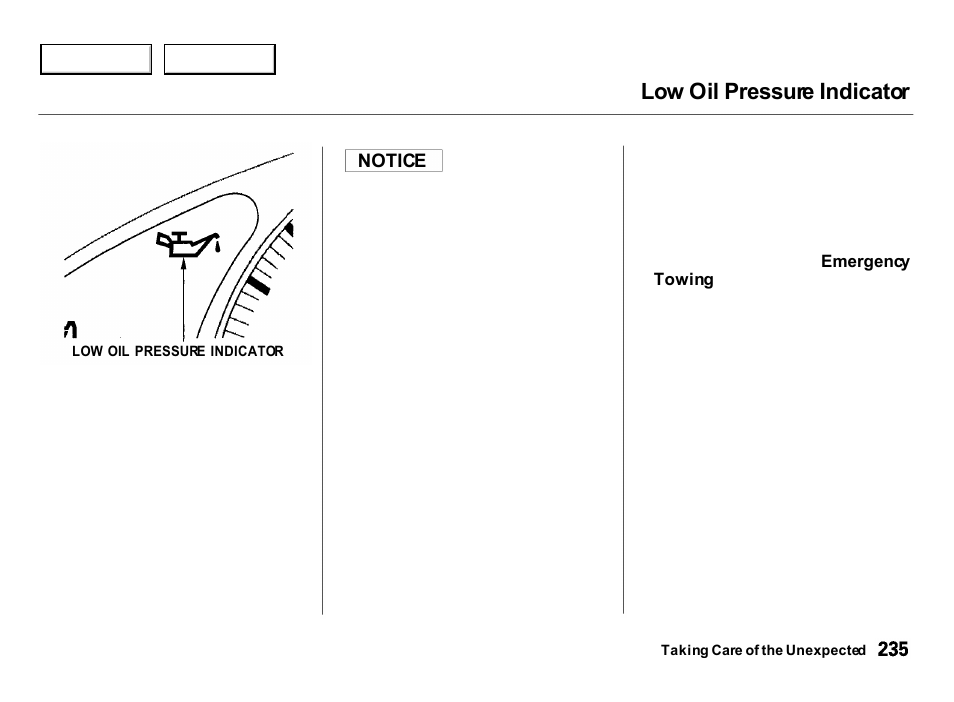 Low oil pressure indicator | Acura 2000 Integra Hatchback - Owner's Manual User Manual | Page 238 / 279