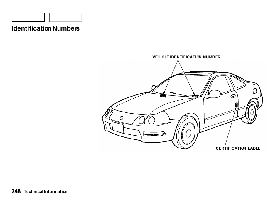 Identification numbers | Acura 2000 Integra Hatchback - Owner's Manual User Manual | Page 251 / 279