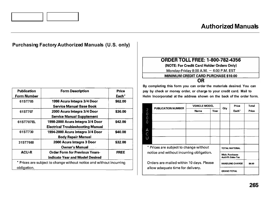 Authorized manuals | Acura 2000 Integra Hatchback - Owner's Manual User Manual | Page 268 / 279