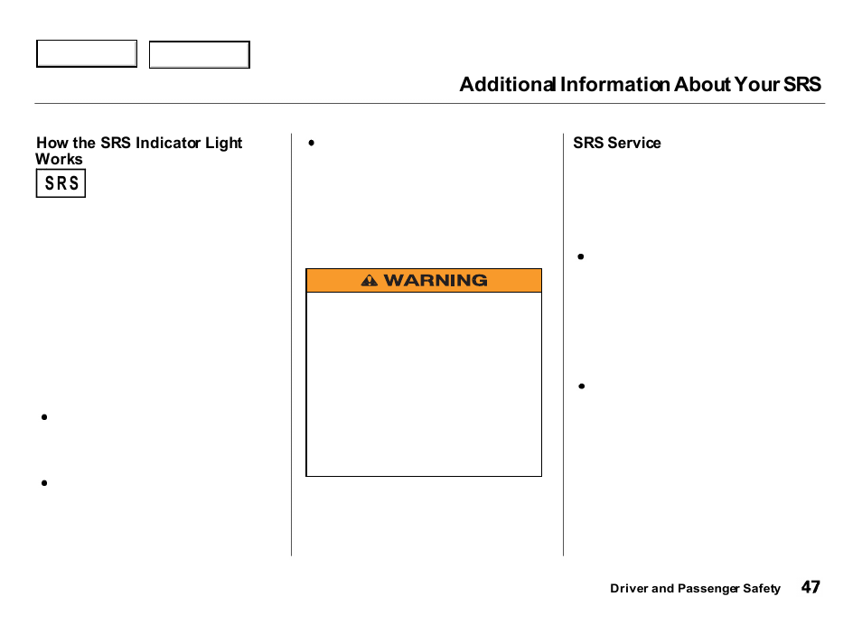 Additional information about your srs, S r s | Acura 2000 Integra Hatchback - Owner's Manual User Manual | Page 50 / 279