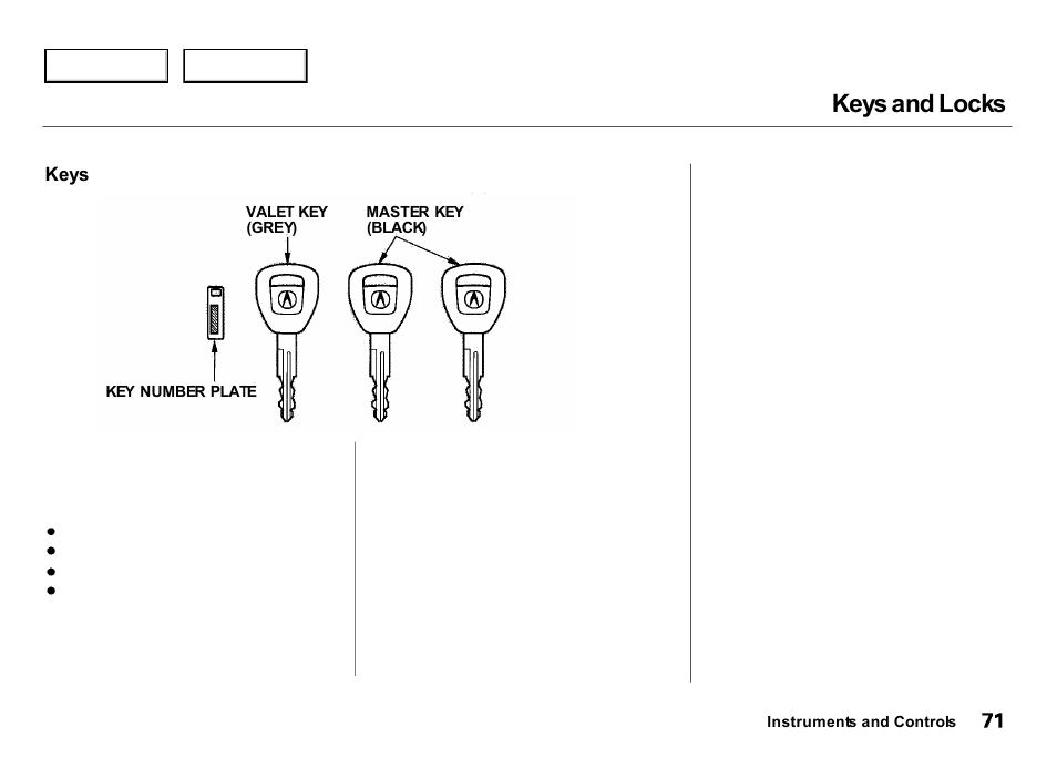 Keys and locks | Acura 2000 Integra Hatchback - Owner's Manual User Manual | Page 74 / 279