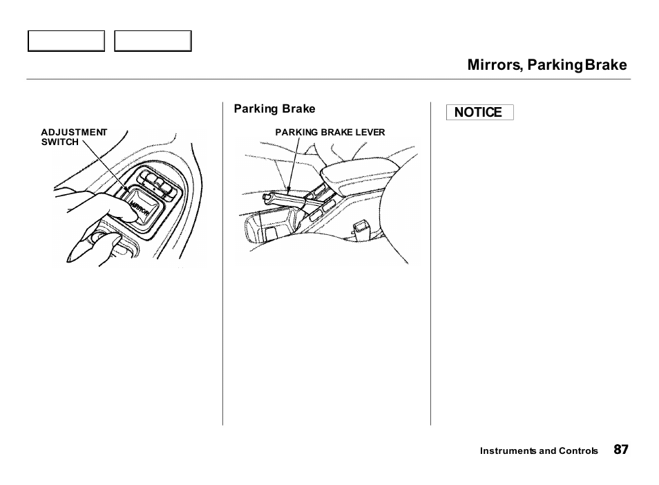 Mirrors, parking brake | Acura 2000 Integra Hatchback - Owner's Manual User Manual | Page 90 / 279