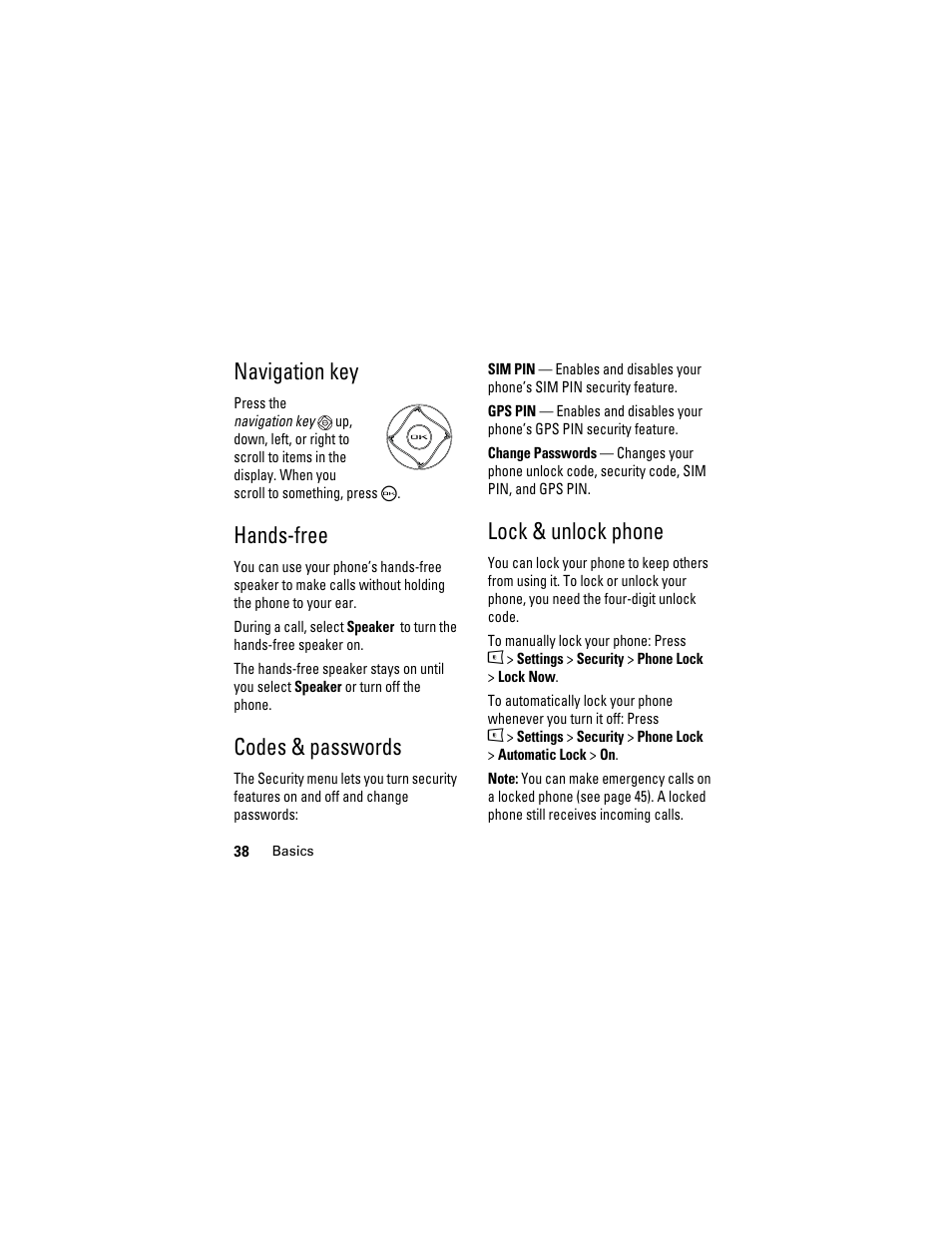 Navigation key, Hands-free, Codes & passwords | Lock & unlock phone, Codes & passwords . 38, Lock & unlock phone 38 | Boost Mobile i855 User Manual | Page 42 / 84