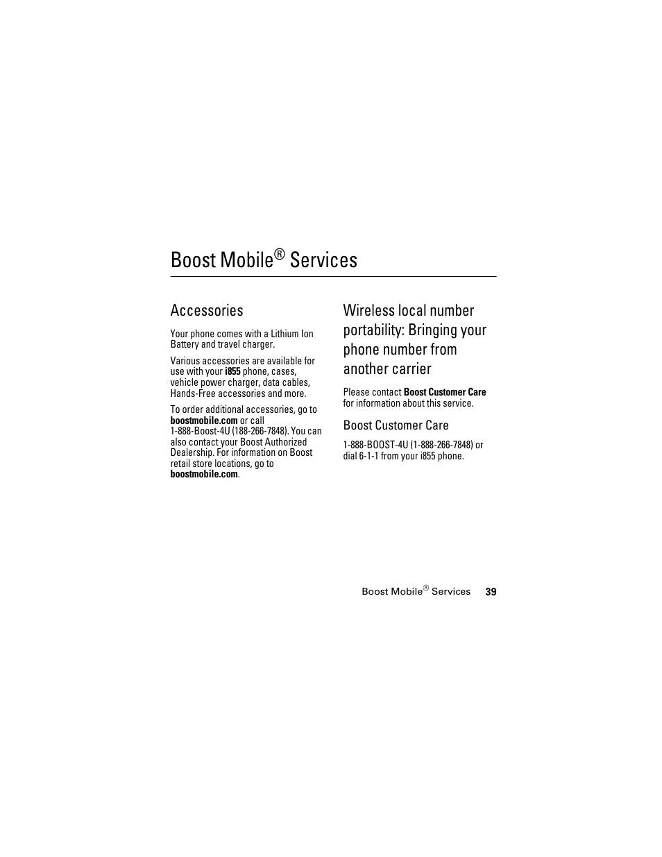 Boost mobile® services, Accessories, Boost mobile | Wireless local number, Portability: bringing, Your phone number, From another carrier. 39, Services | Boost Mobile i855 User Manual | Page 43 / 84