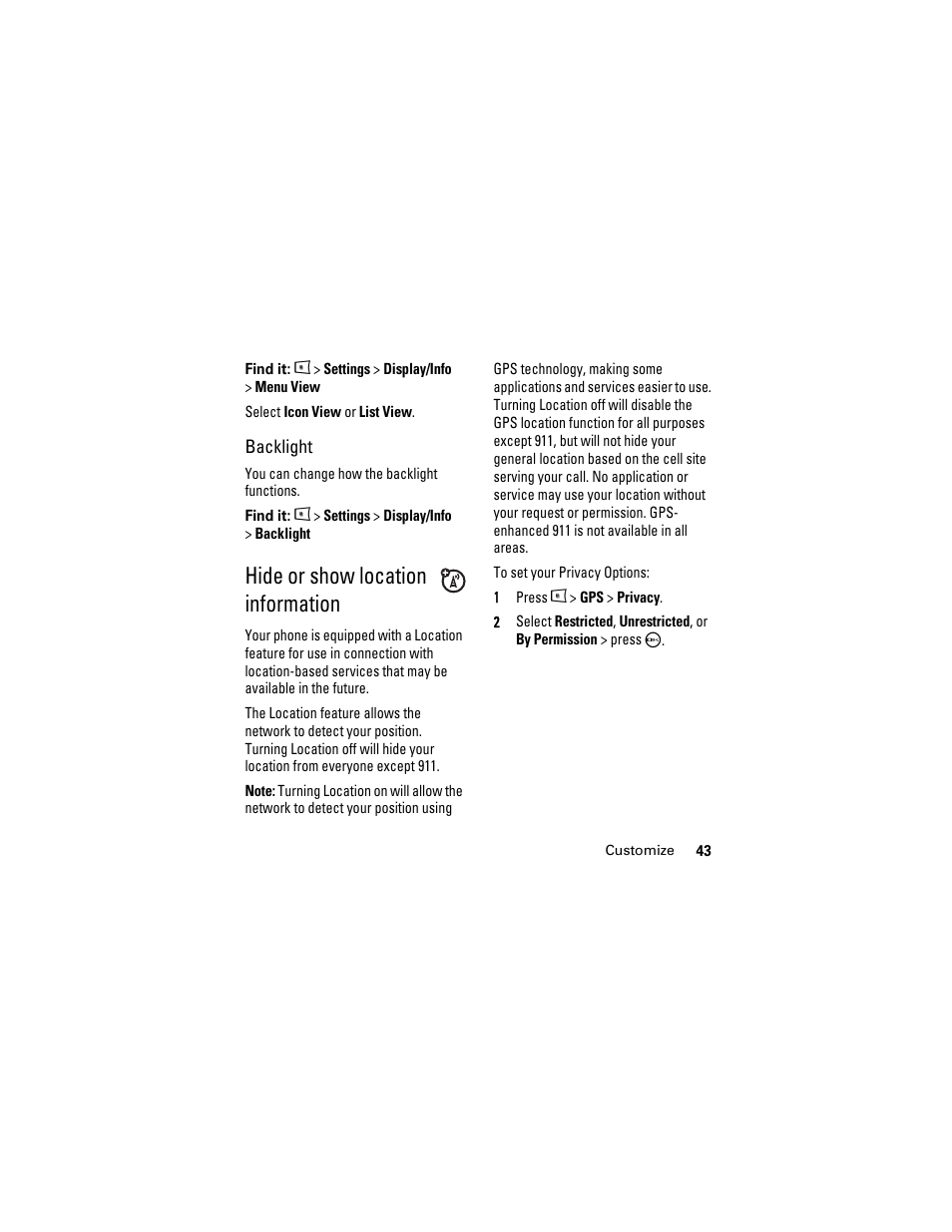 Hide or show location information, Hide or show location, Information | Boost Mobile i855 User Manual | Page 47 / 84