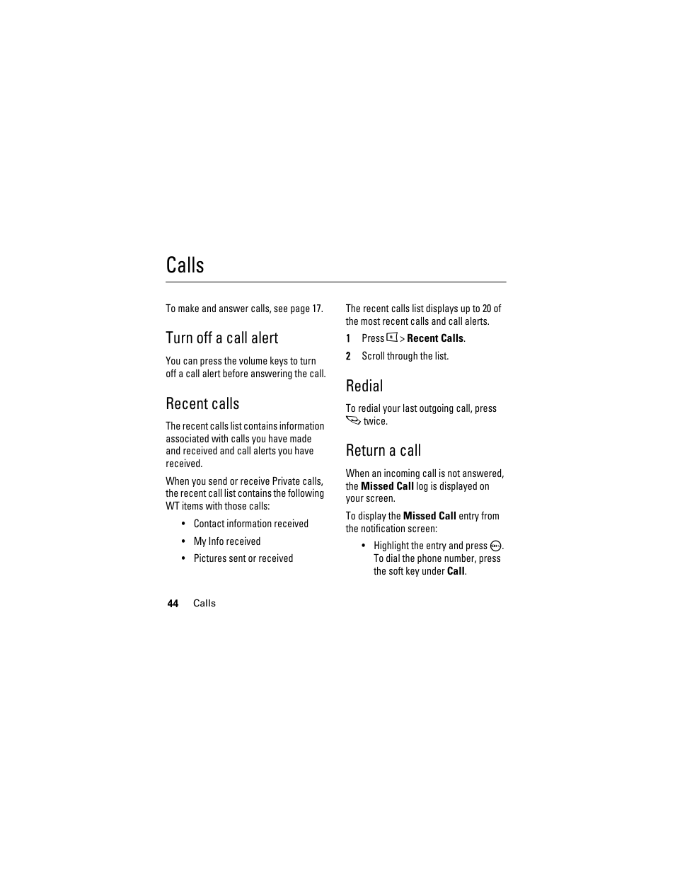 Calls, Turn off a call alert, Recent calls | Redial, Return a call | Boost Mobile i855 User Manual | Page 48 / 84