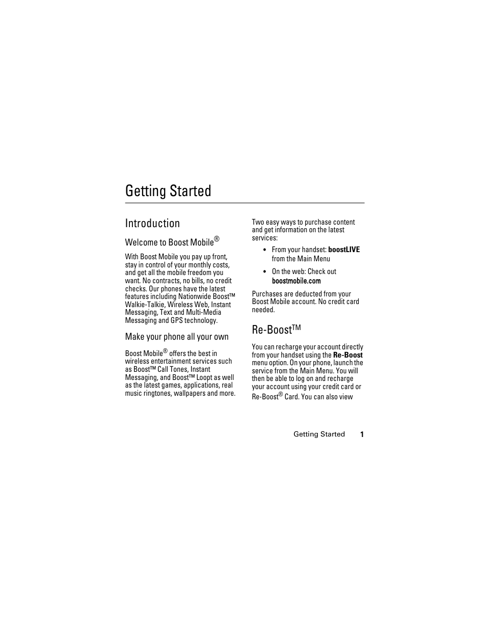 Getting started, Introduction, Re-boosttm | Re-boost | Boost Mobile i855 User Manual | Page 5 / 84