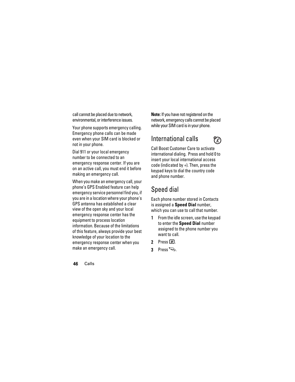 International calls, Speed dial | Boost Mobile i855 User Manual | Page 50 / 84