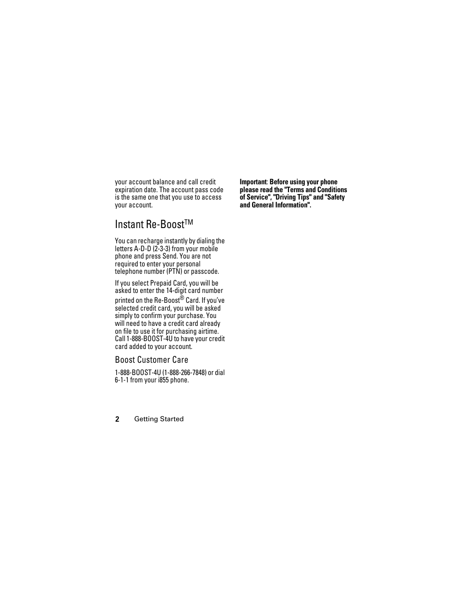 Instant re-boosttm, Boost customer care, Instant re-boost | Boost Mobile i855 User Manual | Page 6 / 84