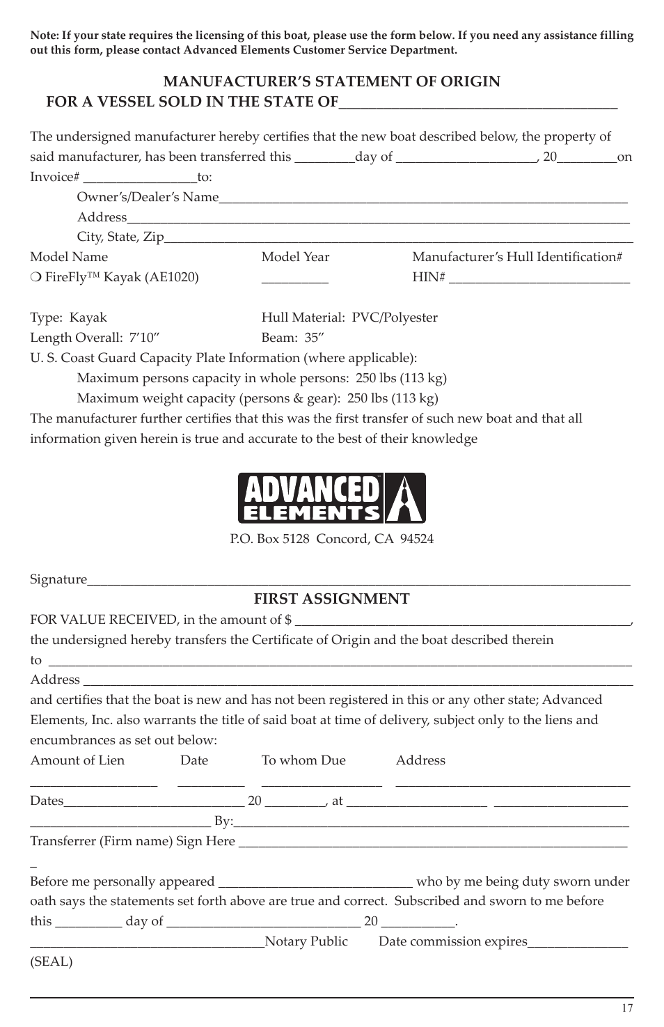 Advanced Elements AE1020 User Manual | Page 17 / 20