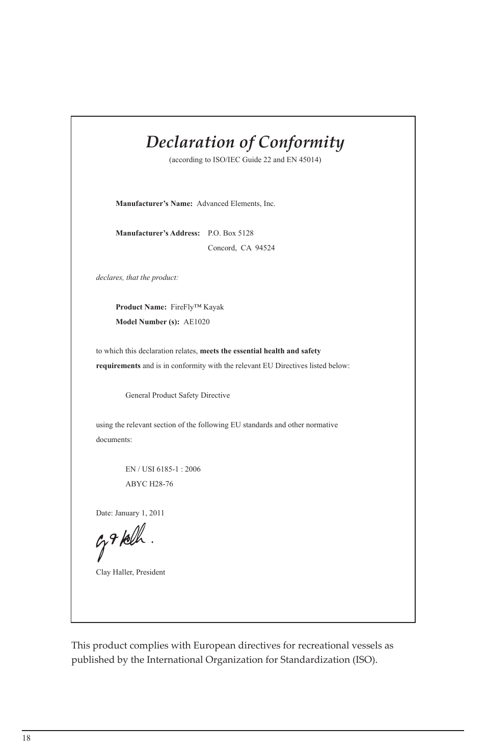 Declaration of conformity | Advanced Elements AE1020 User Manual | Page 18 / 20