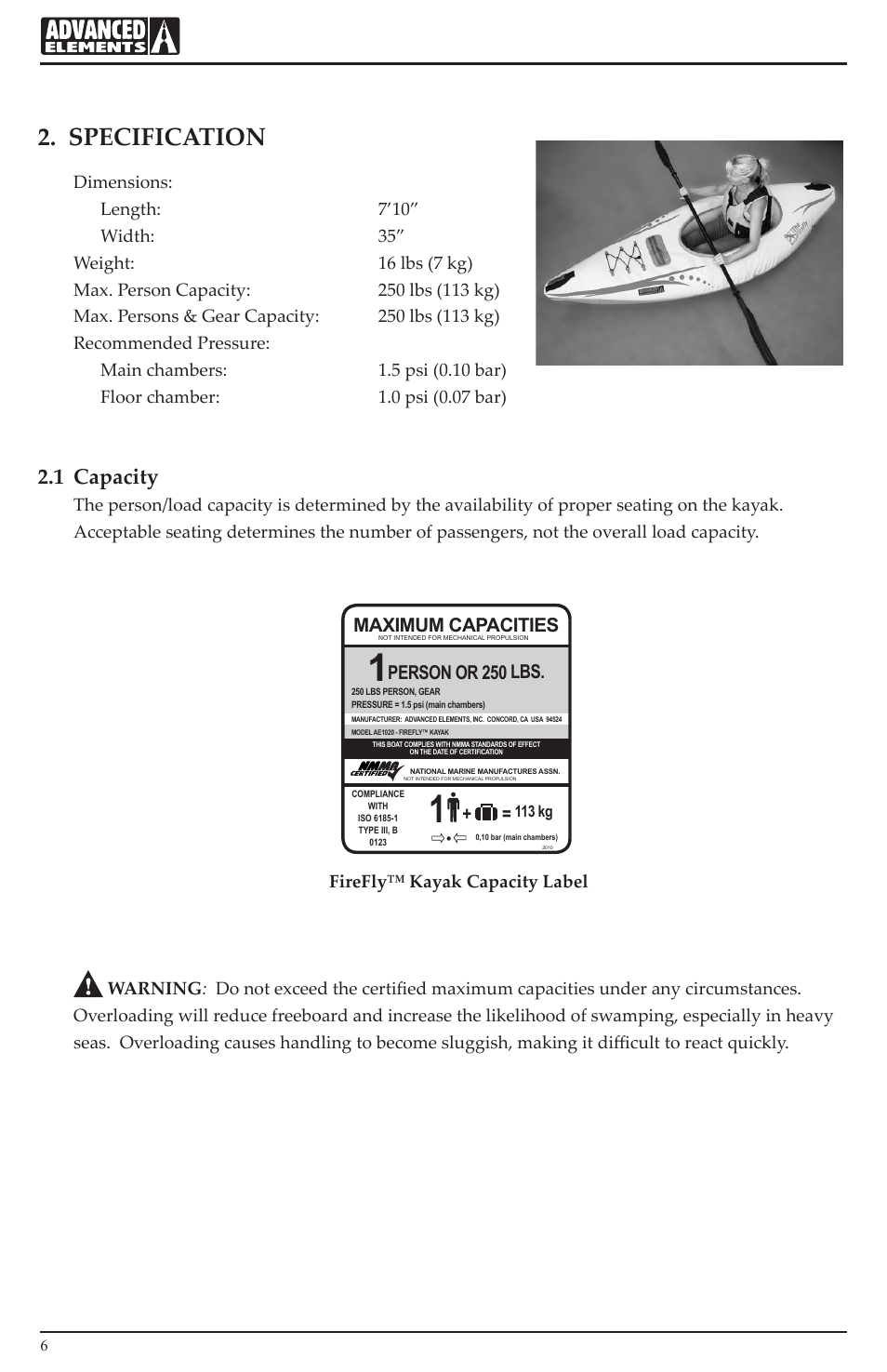 Specification, 1 capacity, Maximum capacities | Person or 250 lbs | Advanced Elements AE1020 User Manual | Page 6 / 20