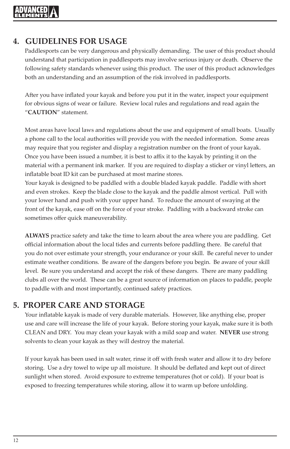 Guidelines for usage, Proper care and storage | Advanced Elements AE1031 User Manual | Page 12 / 20