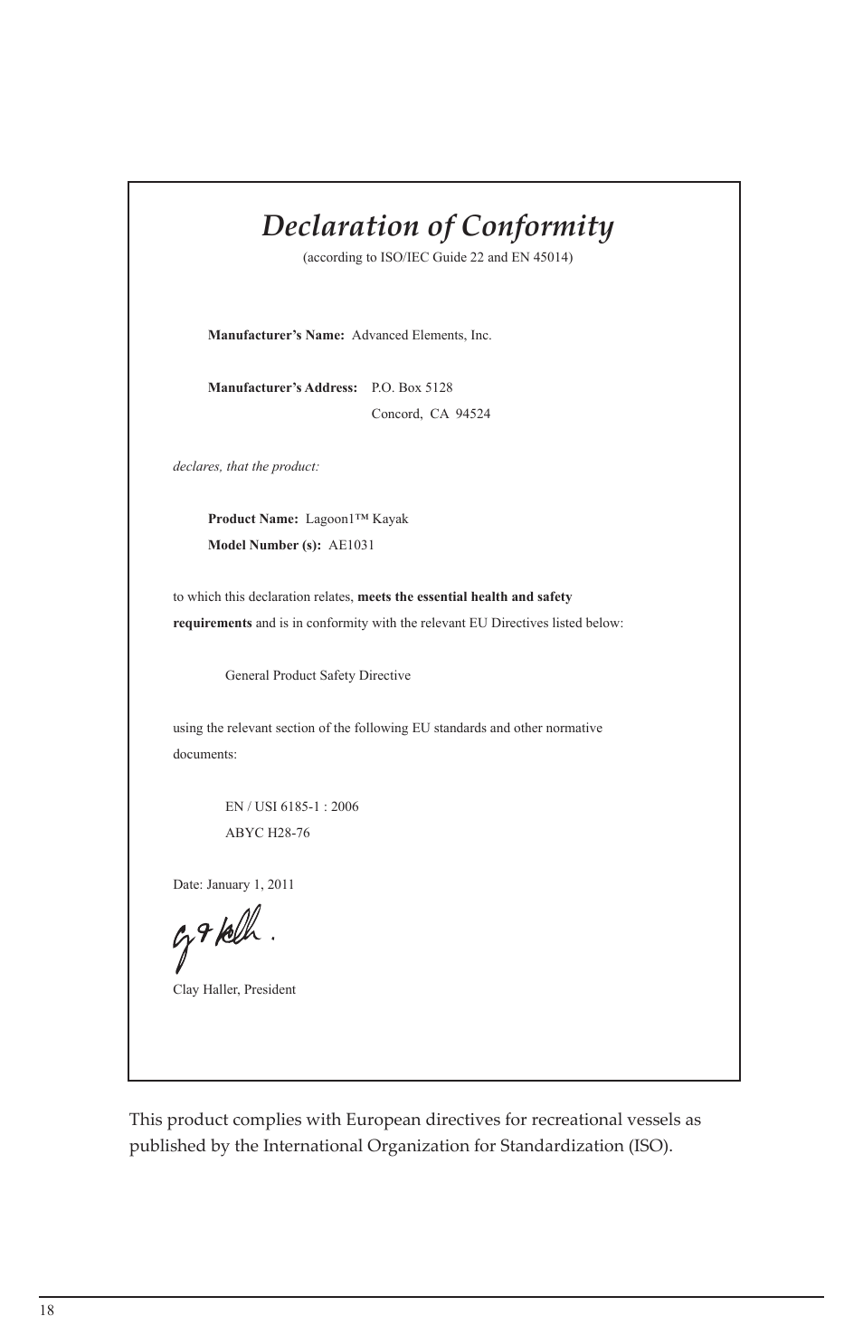 Declaration of conformity | Advanced Elements AE1031 User Manual | Page 18 / 20