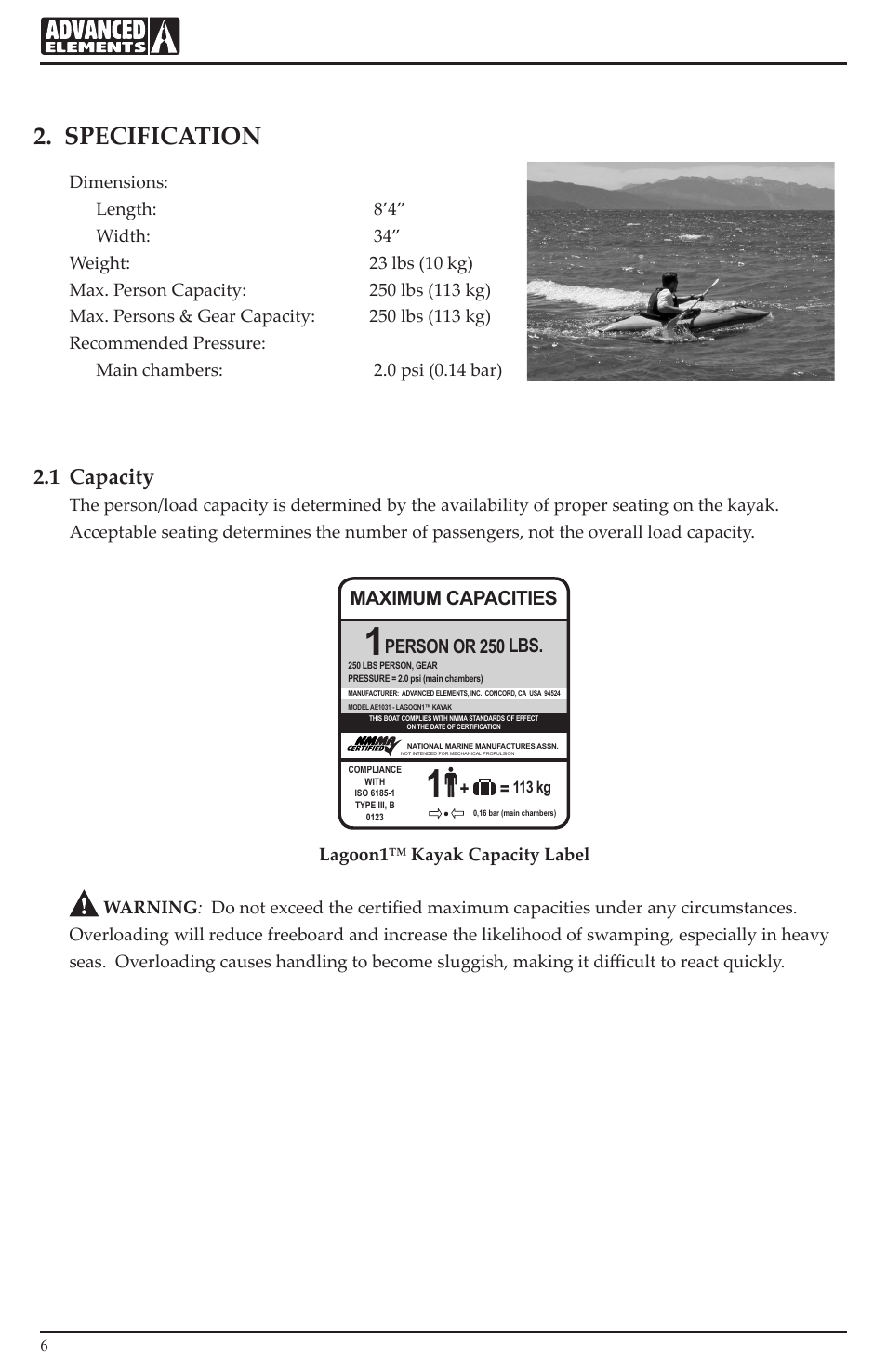 Specification, 1 capacity, Maximum capacities | Person or 250 lbs | Advanced Elements AE1031 User Manual | Page 6 / 20