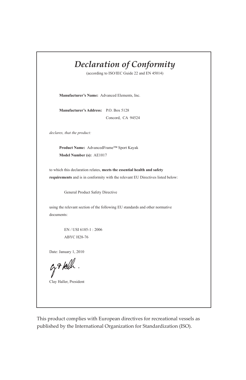 Declaration of conformity | Advanced Elements AE1017 User Manual | Page 18 / 20