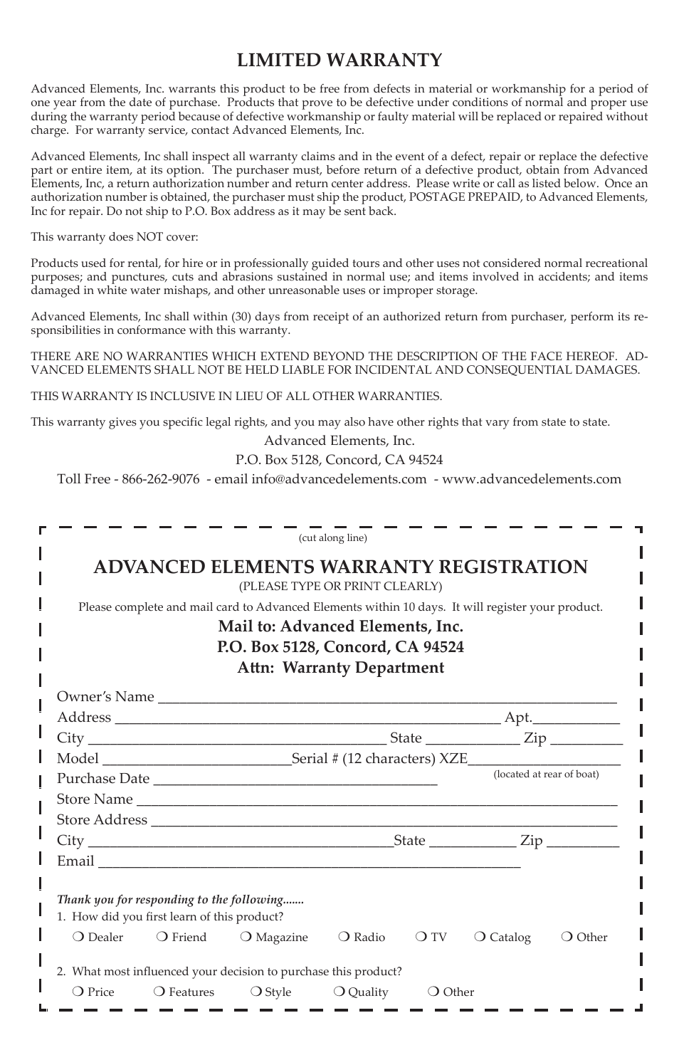 Limited warranty, Advanced elements warranty registration | Advanced Elements AE1017 User Manual | Page 19 / 20