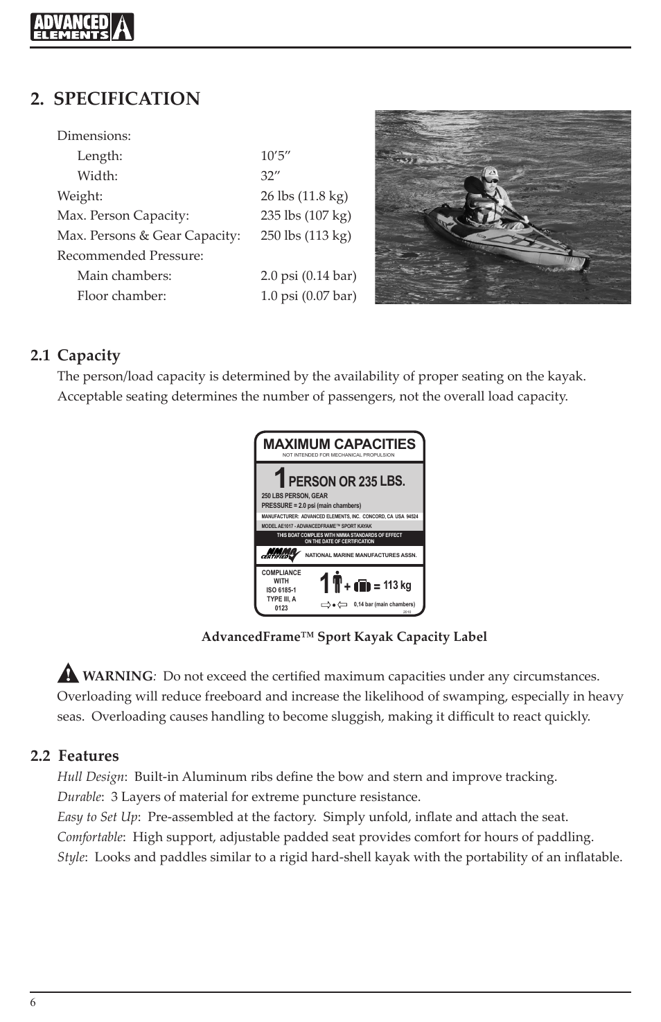 Specification, 1 capacity, 2 features | Maximum capacities, Person or 235 lbs | Advanced Elements AE1017 User Manual | Page 6 / 20