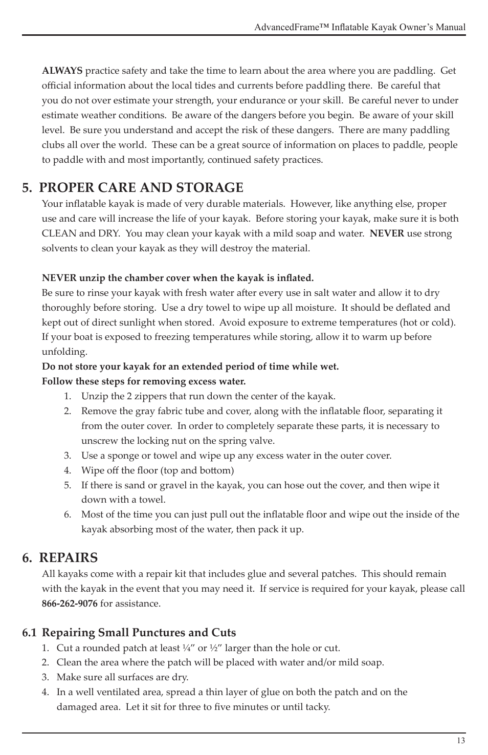 Proper care and storage, Repairs | Advanced Elements AE1012 User Manual | Page 13 / 20