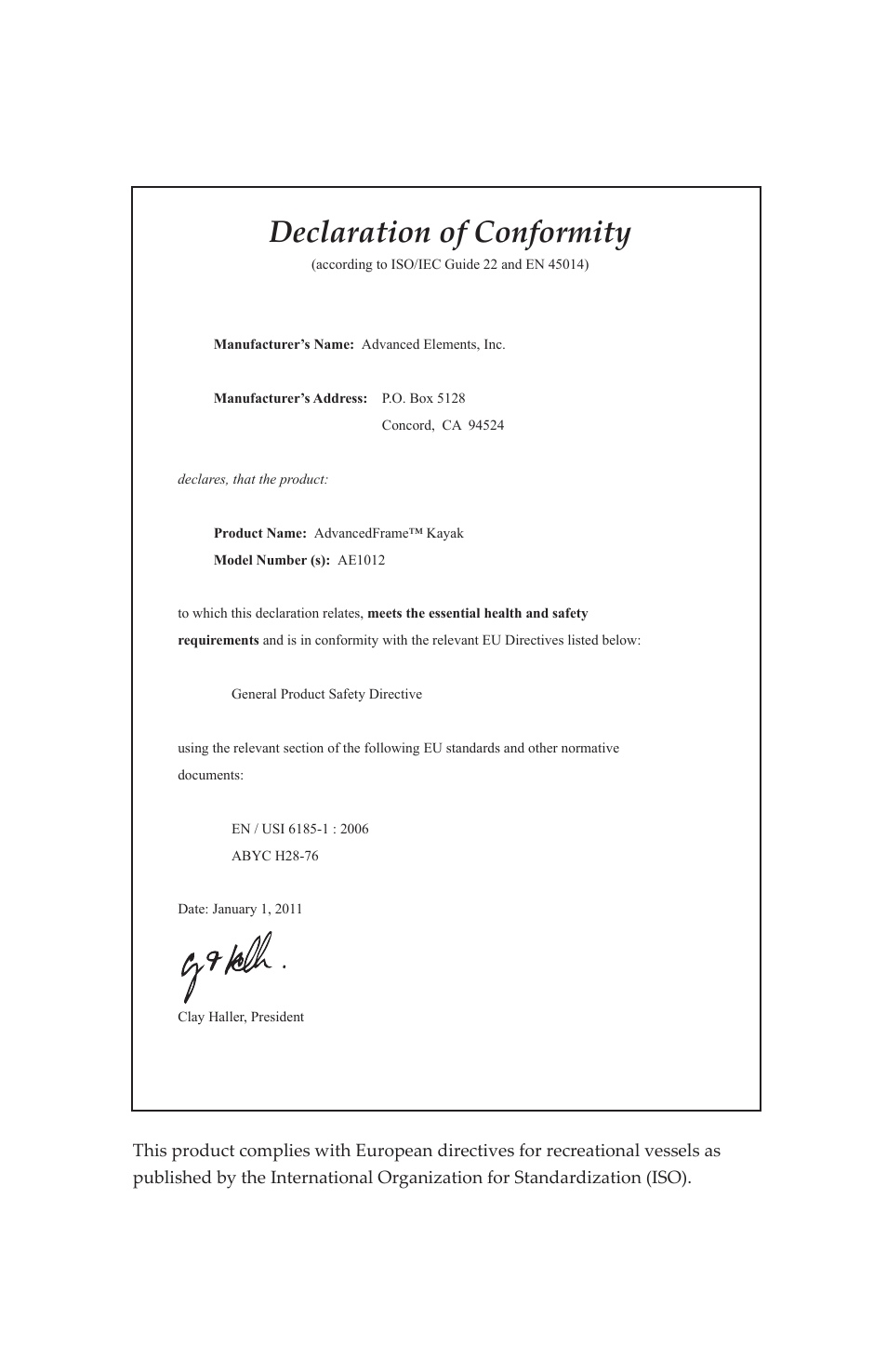 Declaration of conformity | Advanced Elements AE1012 User Manual | Page 18 / 20