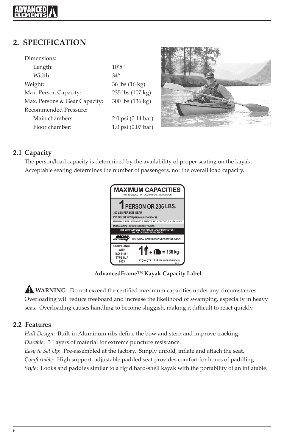 Specification, 1 capacity, 2 features | Maximum capacities, Person or 235 lbs | Advanced Elements AE1012 User Manual | Page 6 / 20