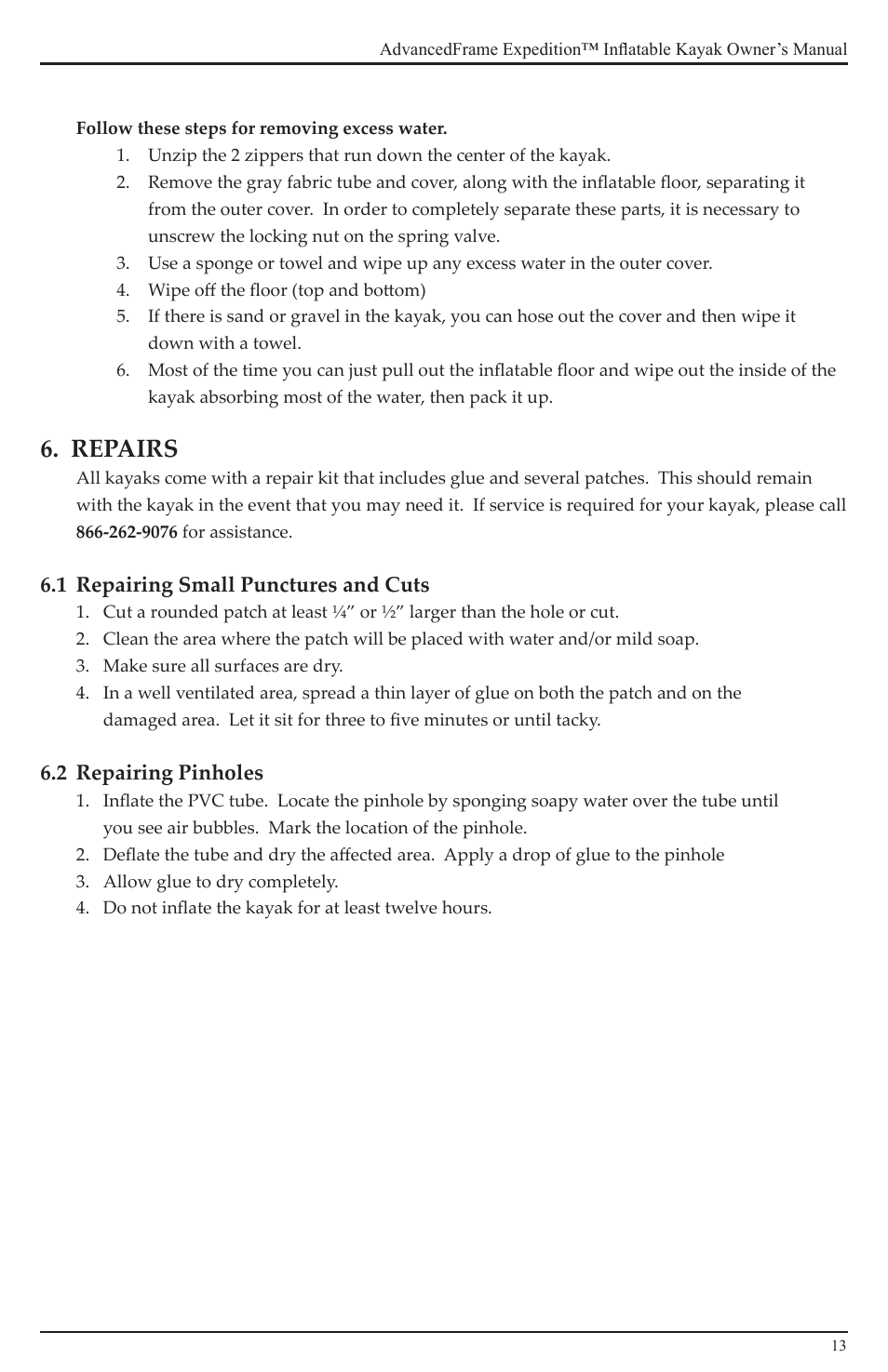 Repairs | Advanced Elements AE1009 User Manual | Page 13 / 20