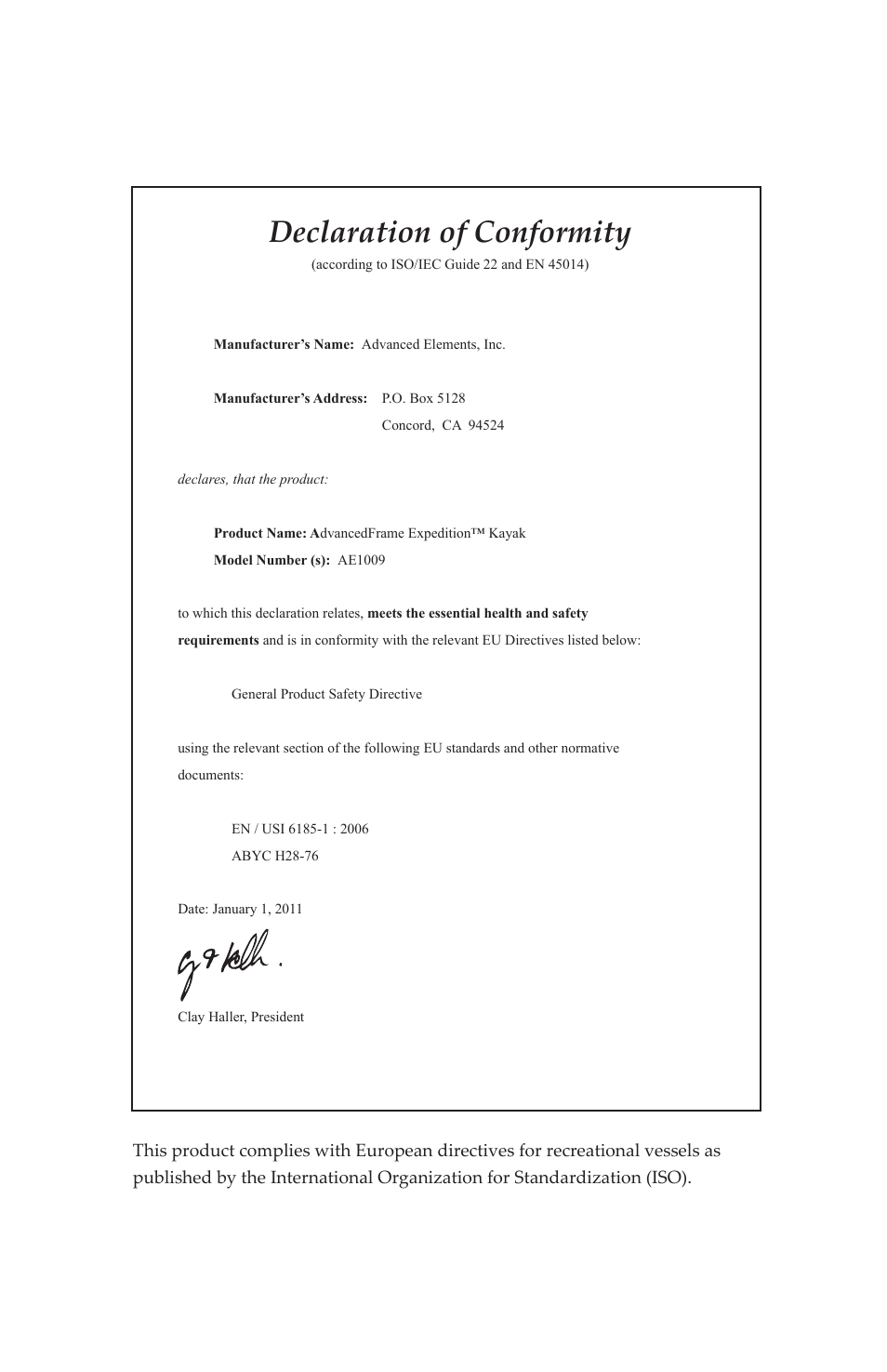 Declaration of conformity | Advanced Elements AE1009 User Manual | Page 18 / 20