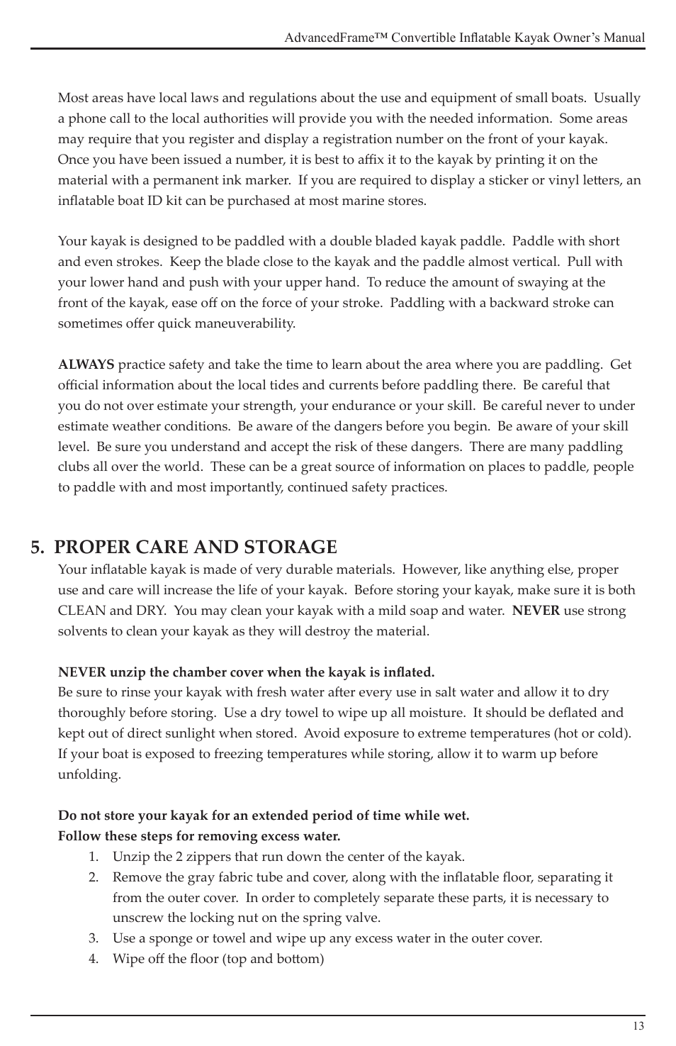 Proper care and storage | Advanced Elements AE1007 User Manual | Page 13 / 20