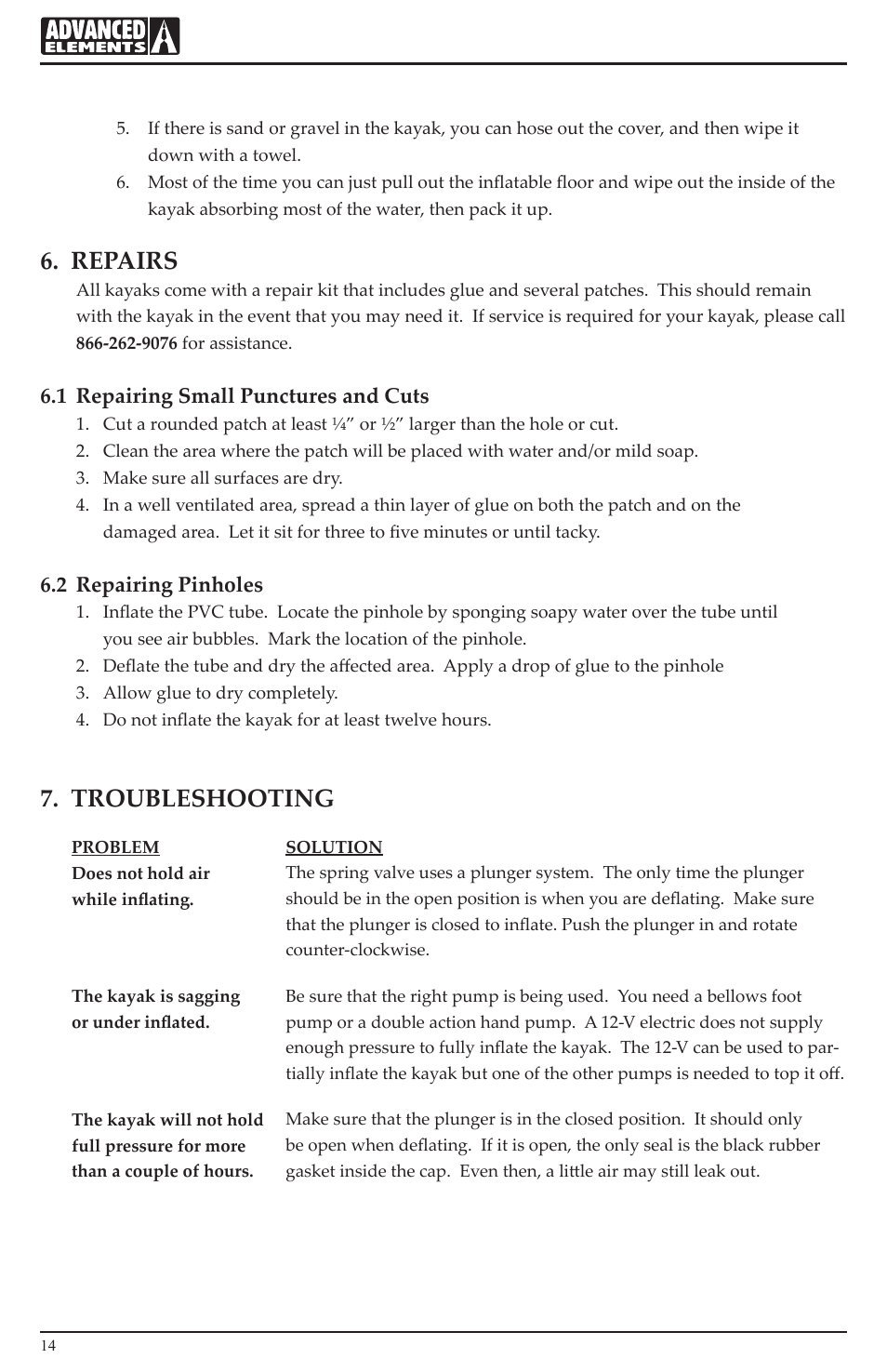 Repairs, Troubleshooting, 1 repairing small punctures and cuts | 2 repairing pinholes | Advanced Elements AE1007 User Manual | Page 14 / 20