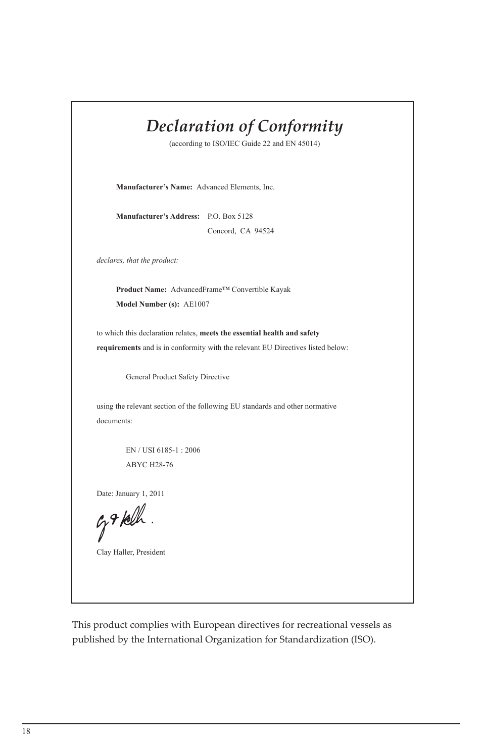 Declaration of conformity | Advanced Elements AE1007 User Manual | Page 18 / 20