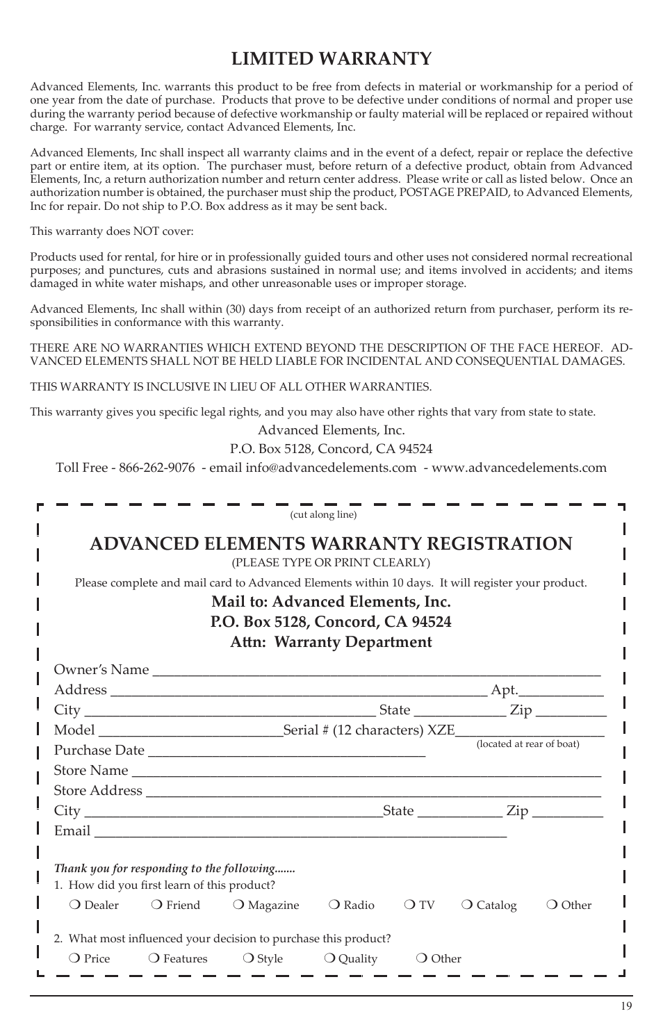 Limited warranty, Advanced elements warranty registration | Advanced Elements AE1007 User Manual | Page 19 / 20