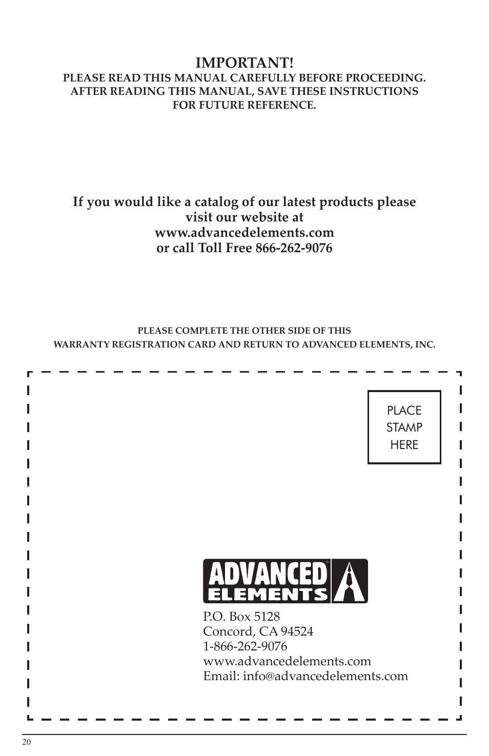 Important | Advanced Elements AE1007 User Manual | Page 20 / 20