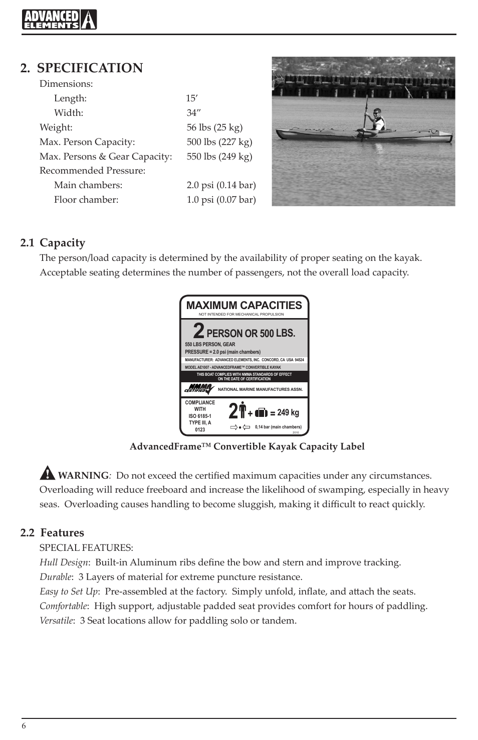 Specification, 1 capacity, 2 features | Maximum capacities, Person or 500 lbs | Advanced Elements AE1007 User Manual | Page 6 / 20