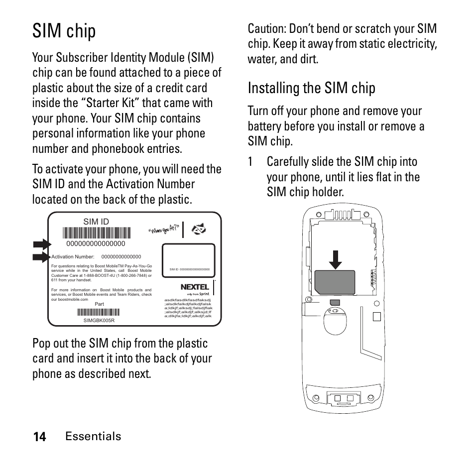 Sim chip, Installing the sim chip, Essentials | Boost Mobile i290 User Manual | Page 18 / 97