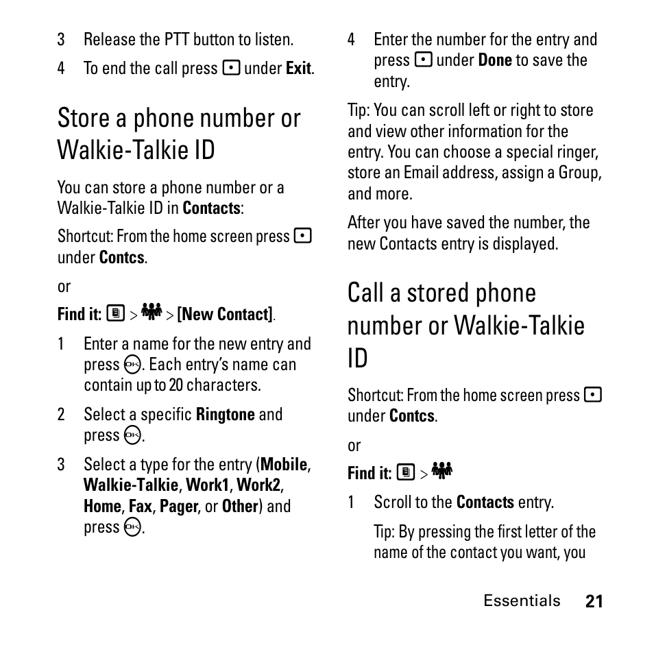Store a phone number or walkie-talkie id, Call a stored phone number or walkie-talkie id, Store a phone number or | Boost Mobile i290 User Manual | Page 25 / 97