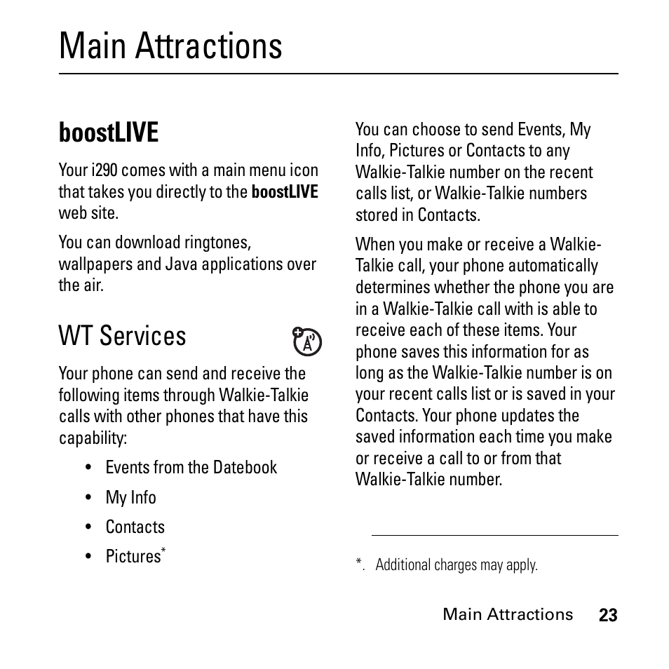 Main attractions, Boostlive, Wt services | Boostlive wt services | Boost Mobile i290 User Manual | Page 27 / 97