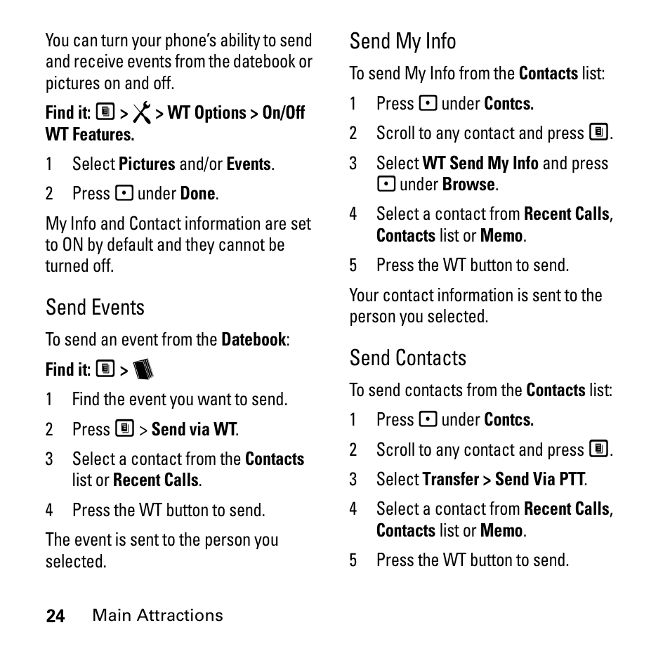 Send events, Send my info, Send contacts | Boost Mobile i290 User Manual | Page 28 / 97